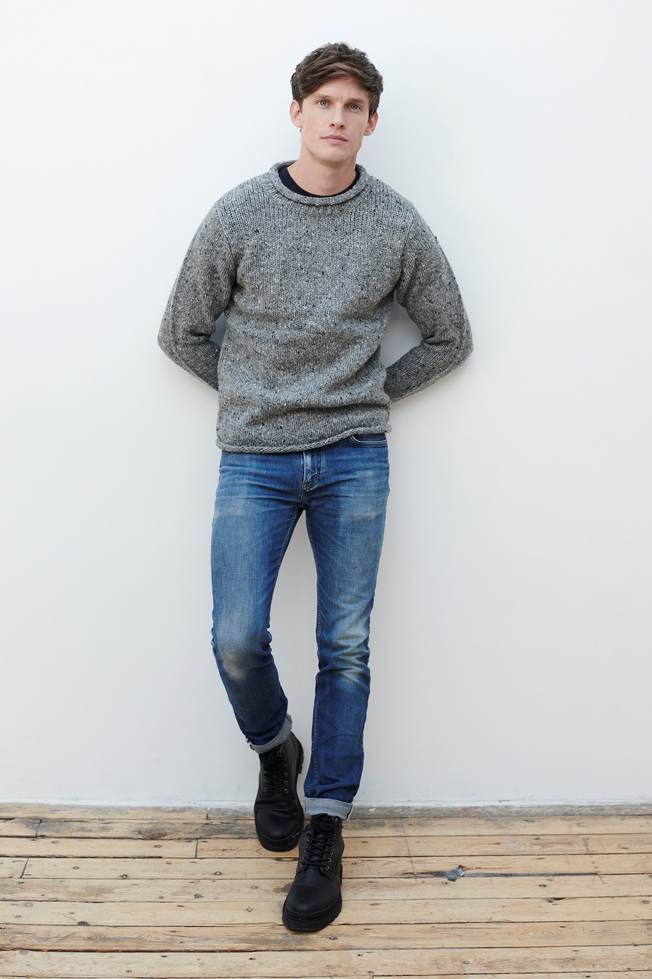 TWEED ROLL NECK PLAIN KNIT MENS SWEATER (RNMS) - Aran Islands Sweaters