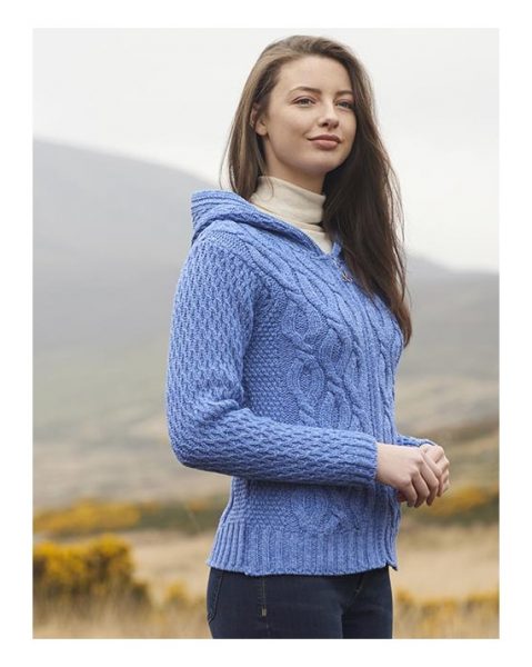 blue-chunky-irish-cable-hoody-hd4040 - Aran Islands Sweaters